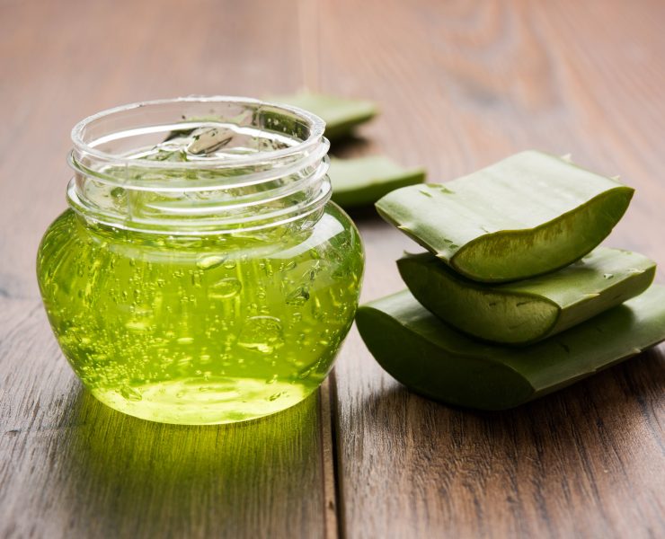 aloe pieces with jar of aloe gel